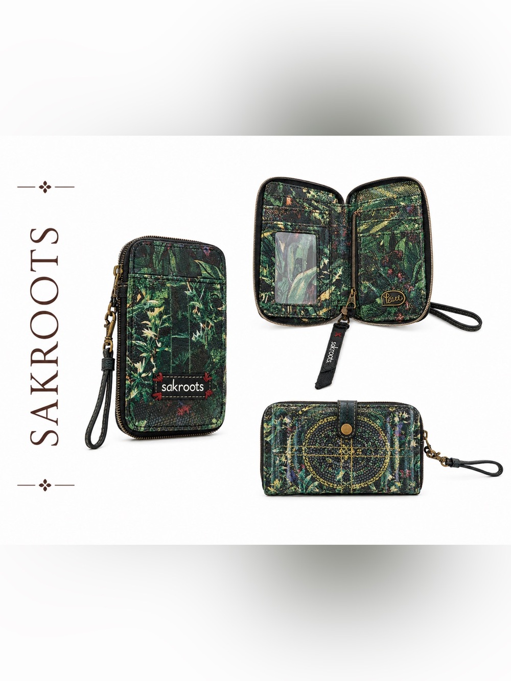 Sakroots Wallet Wristlet Green Boho Print Zip Around Card Holder